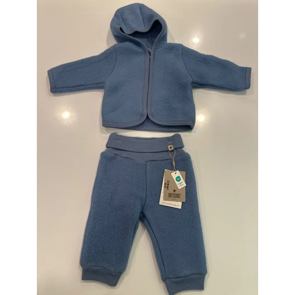 Huttelihut Kids Blue 100% Wool Fleece Hooded Jacket and Pants Set Size 0-3m NEW